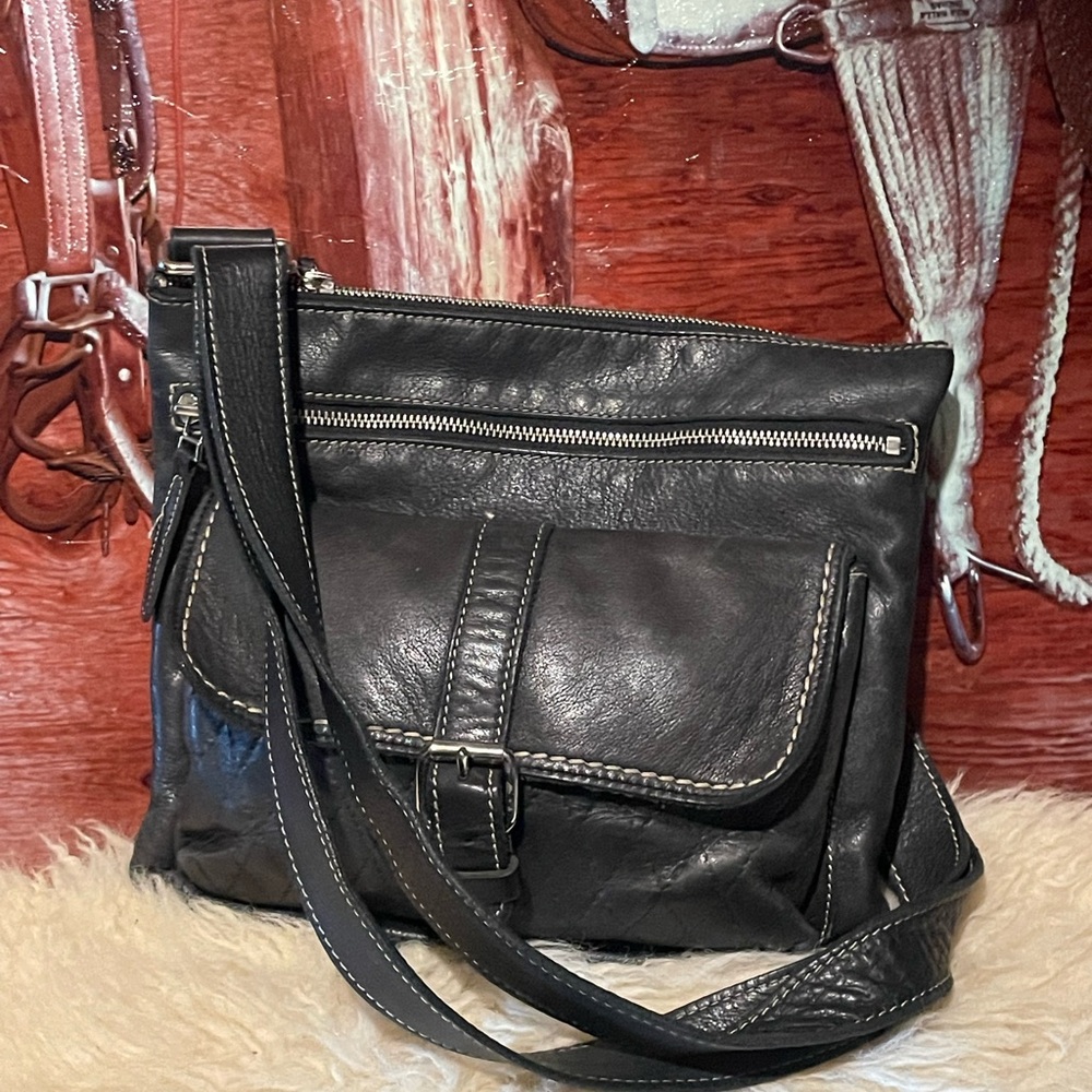 Roots black leather saddle bag